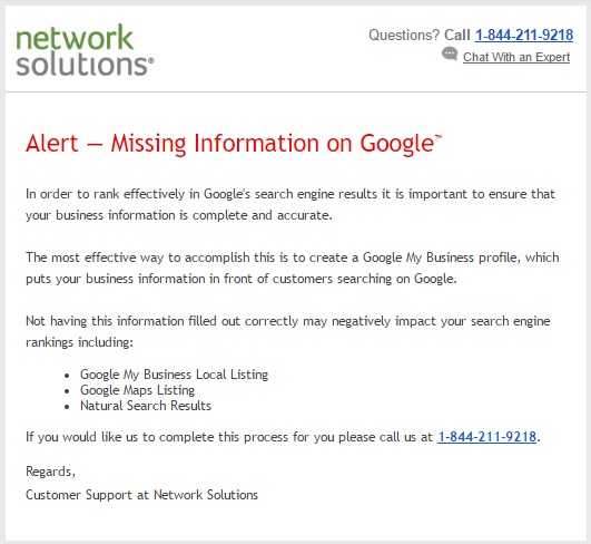 Network Solutions Sending out Urgent Alerts for Missing Information on Google